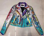4XL fashion graffiti beading Women pu Leather Jacket Punk Style Motorcyle embrodiery leather Jackets Coats Streetwear F803 SS69