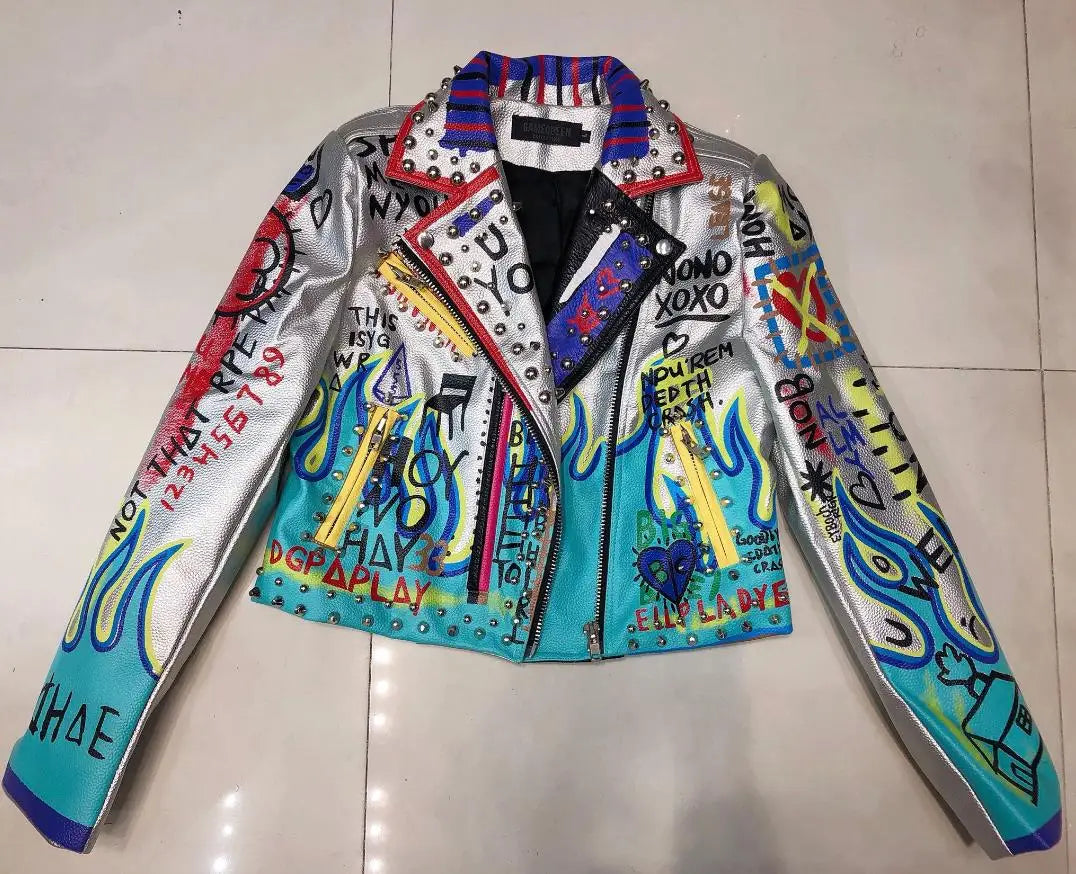 4XL fashion graffiti beading Women pu Leather Jacket Punk Style Motorcyle embrodiery leather Jackets Coats Streetwear F803 SS69