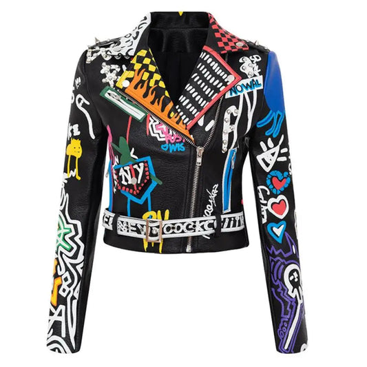 Women's Rivet Beaded PU Leather Jacket Graffiti Colorful Print Biker Streetwear Zipper Short Collar Motorcycle Coat for Juniors SS69