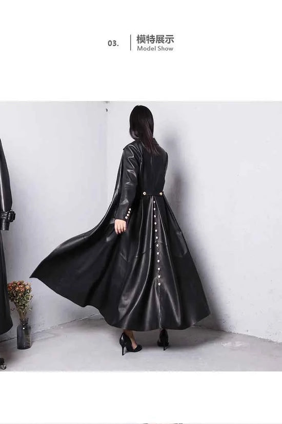 Lautaro Autumn Long Skirted Red Black Faux Leather Trench Coat for Women Double Breasted Elegant Luxury Fashion 4xl 5xl 6xl 7xl
