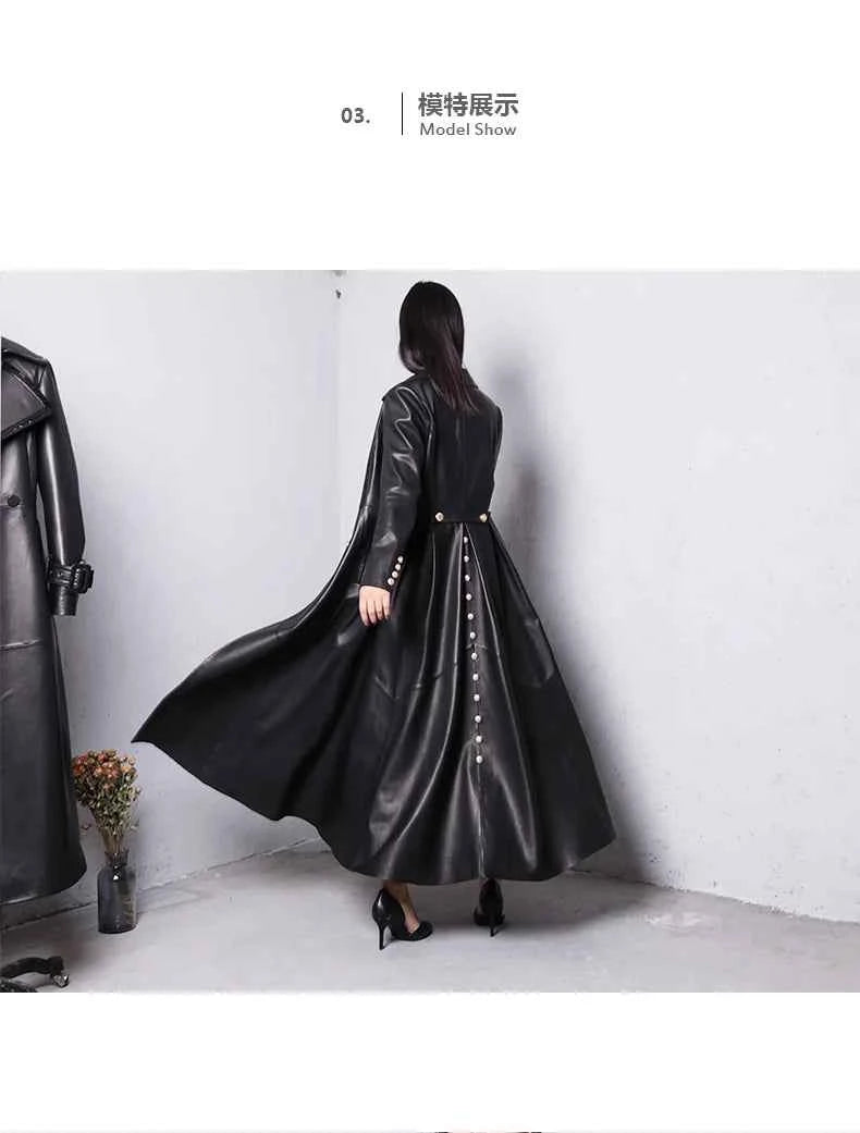 Lautaro Autumn Long Skirted Red Black Faux Leather Trench Coat for Women Double Breasted Elegant Luxury Fashion 4xl 5xl 6xl 7xl