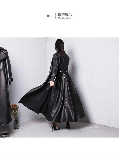 Lautaro Autumn Long Skirted Red Black Faux Leather Trench Coat for Women Double Breasted Elegant Luxury Fashion 4xl 5xl 6xl 7xl