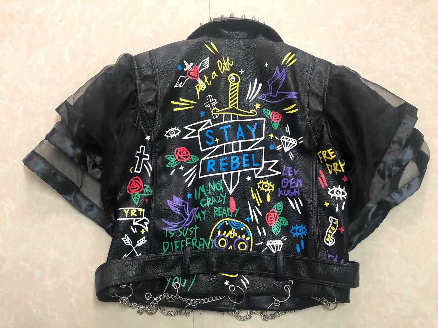 Fashion chain beading leather jacket Locomotive graffiti cartoon pu Leather Jacket female Punk Motorcyle Jacket with belt F2161 SS69