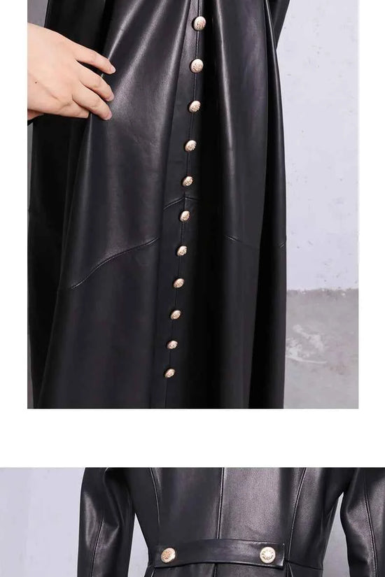 Lautaro Autumn Long Skirted Red Black Faux Leather Trench Coat for Women Double Breasted Elegant Luxury Fashion 4xl 5xl 6xl 7xl