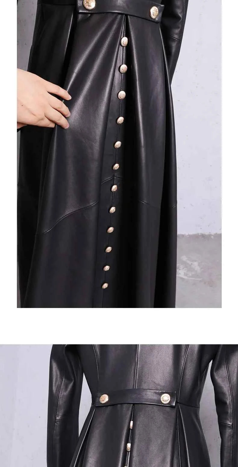 Lautaro Autumn Long Skirted Red Black Faux Leather Trench Coat for Women Double Breasted Elegant Luxury Fashion 4xl 5xl 6xl 7xl