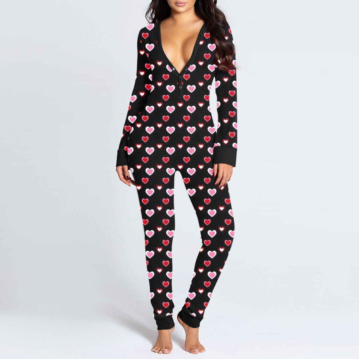 Sexy Women Pajamas Onesies Button-down Buttoned Flap Adults Pyjama Autumn Long Sleeve V-neck Jumpsuit Female Bodysuit Sleepwear