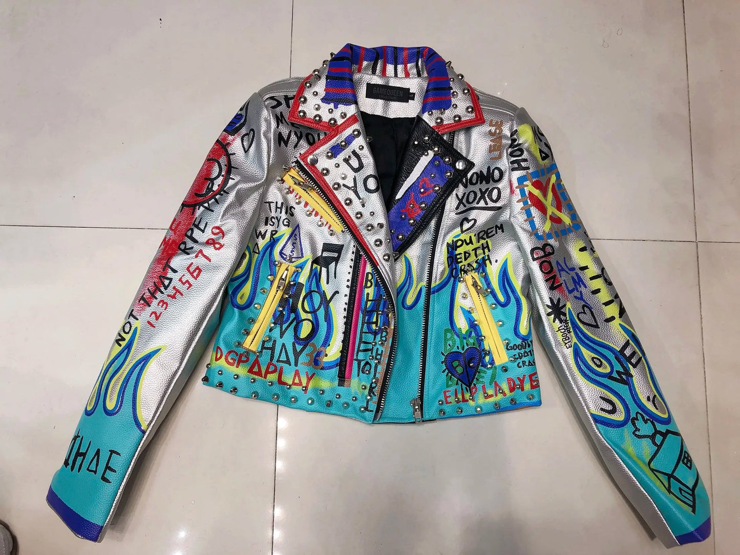 4XL fashion graffiti beading Women pu Leather Jacket Punk Style Motorcyle embrodiery leather Jackets Coats Streetwear F803 SS69