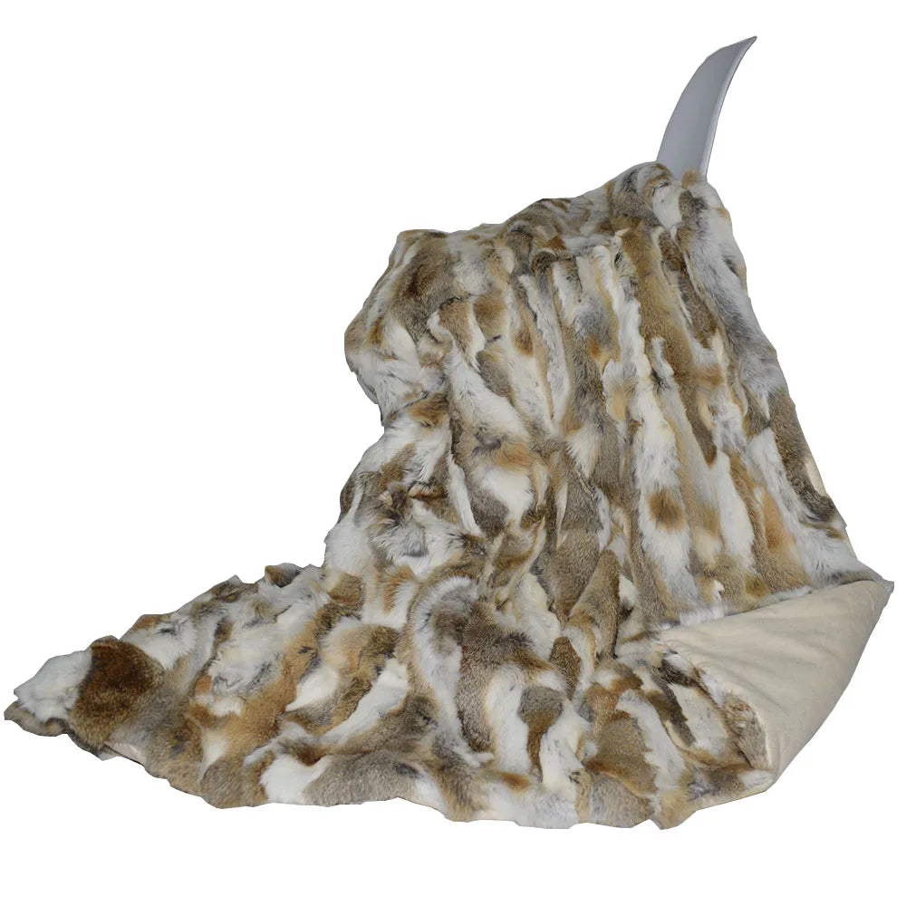 MS.Softex Handmade Rabbit Fur Patchwork Throw Blanket with Suede Back