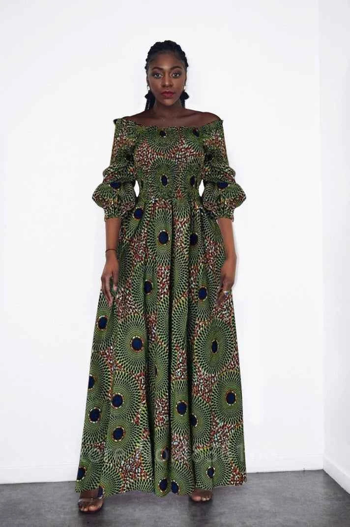 African National Print Party Dress Women Casual Sexy Slash-neck Lady Maxi Dress New Vintage Long-sleeved Loose Elegant Dresses
