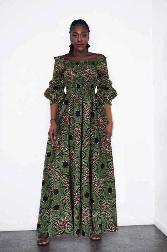 African National Print Party Dress Women Casual Sexy Slash-neck Lady Maxi Dress New Vintage Long-sleeved Loose Elegant Dresses