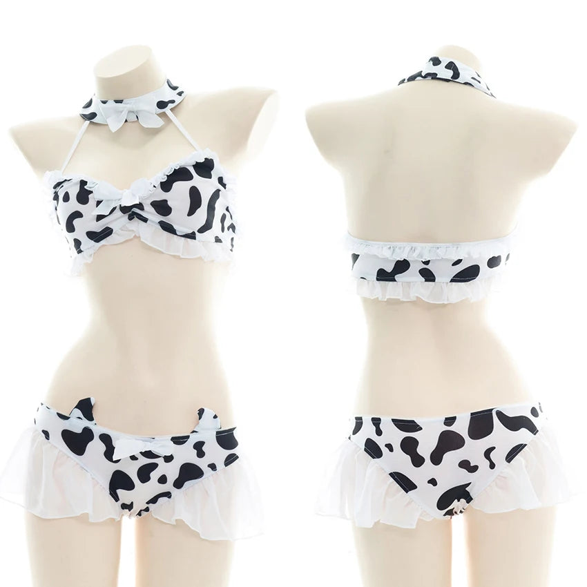 AniLV Cow Print Bikini Set with Maid Apron