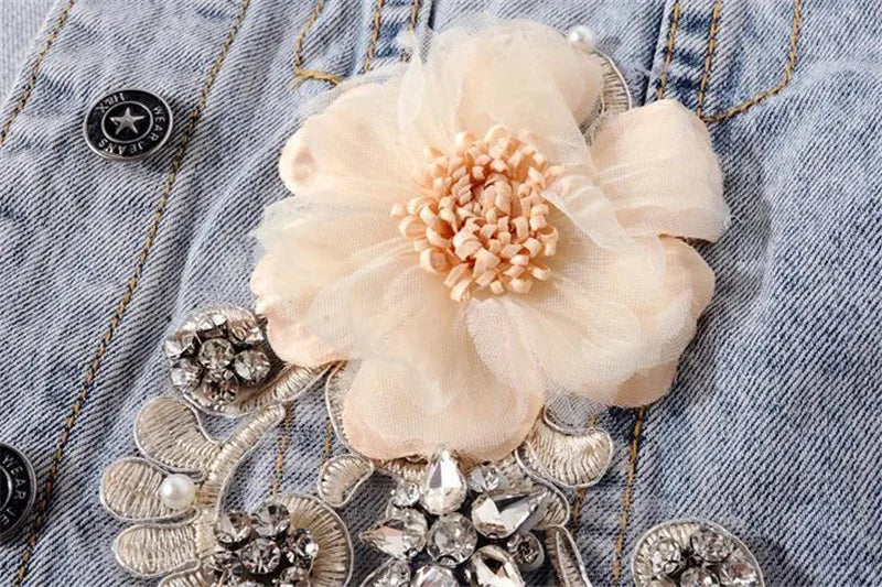 2024 New Autumn Women’s Denim Jacket Long Sleeve Overcoat Loose Three-dimensional Button Pearls Outwear Ripped Jeans Jackets SS69