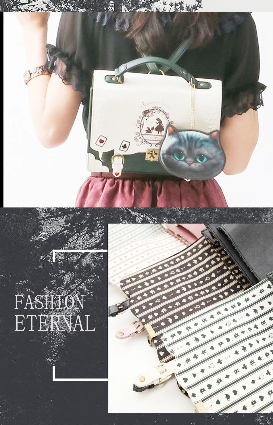 JIEROTYX Women Backpack Girl Alice Bag In Wonderland School Backpack Bag Women Handbags Bag Black Gothic Punk Style Hot Sale