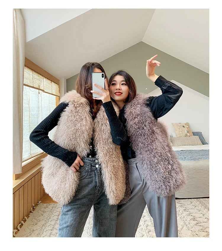 Real Mongolia Sheep Fur Vest - Natural Long Fur Gilet