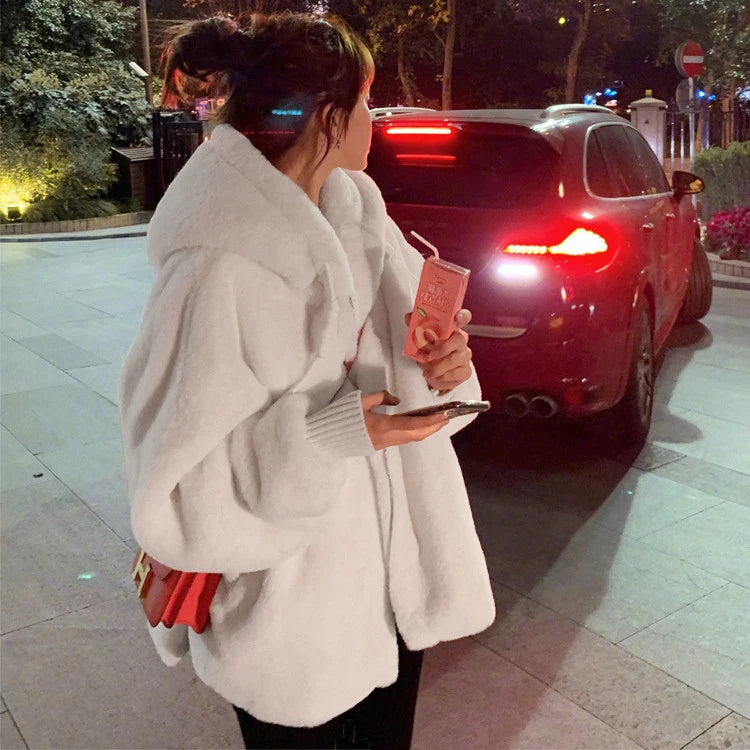 Nerazzurri Winter White Oversized Faux Fur Jacket Women with Hood Raglan Sleeve Zipper Korean Fashion Clothing for Womens 2021