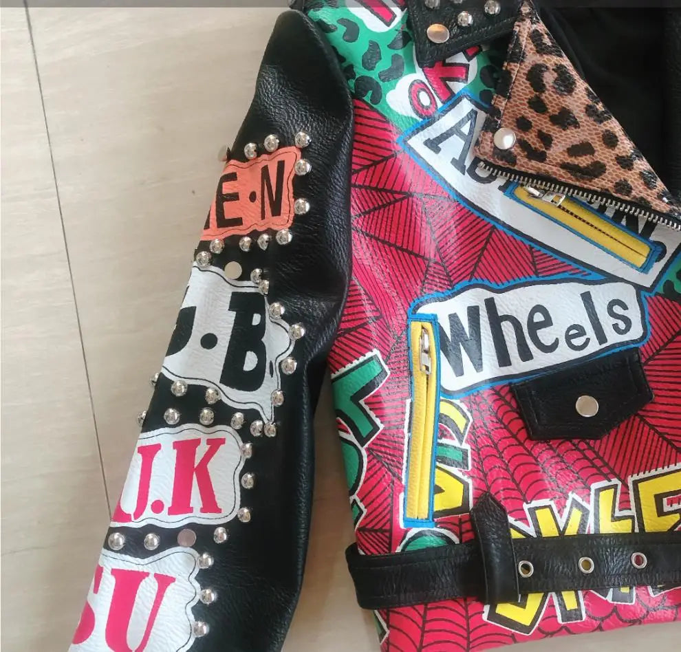 Autumn spring Locomotive graffiti cartoon pu Leather Jacket female Punk Style was thin Motorcyle Jackets Coat with belt F1962 SS69