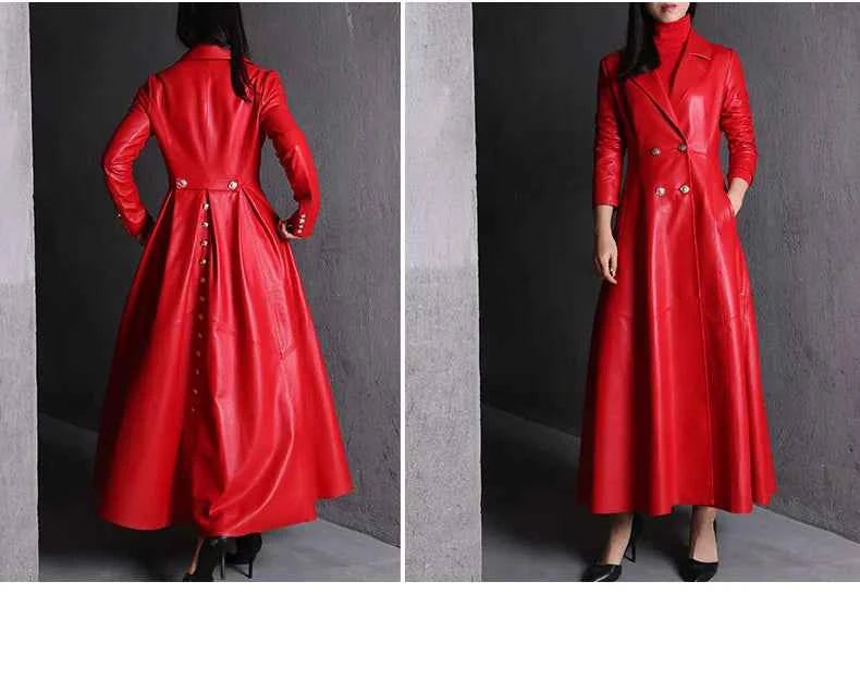 Lautaro Autumn Long Skirted Red Black Faux Leather Trench Coat for Women Double Breasted Elegant Luxury Fashion 4xl 5xl 6xl 7xl