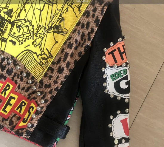 Autumn spring Locomotive graffiti cartoon pu Leather Jacket female Punk Style was thin Motorcyle Jackets Coat with belt F1962 SS69