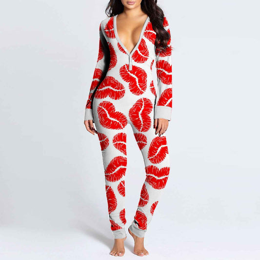 Sexy Women Pajamas Onesies Button-down Buttoned Flap Adults Pyjama Autumn Long Sleeve V-neck Jumpsuit Female Bodysuit Sleepwear