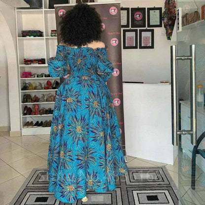 African National Print Party Dress Women Casual Sexy Slash-neck Lady Maxi Dress New Vintage Long-sleeved Loose Elegant Dresses