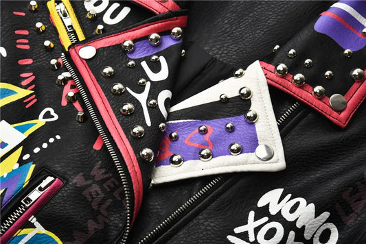 4XL fashion graffiti beading Women pu Leather Jacket Punk Style Motorcyle embrodiery leather Jackets Coats Streetwear F803 SS69