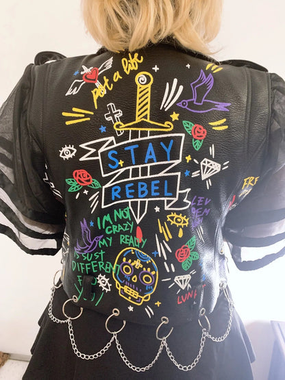 Fashion chain beading leather jacket Locomotive graffiti cartoon pu Leather Jacket female Punk Motorcyle Jacket with belt F2161 SS69