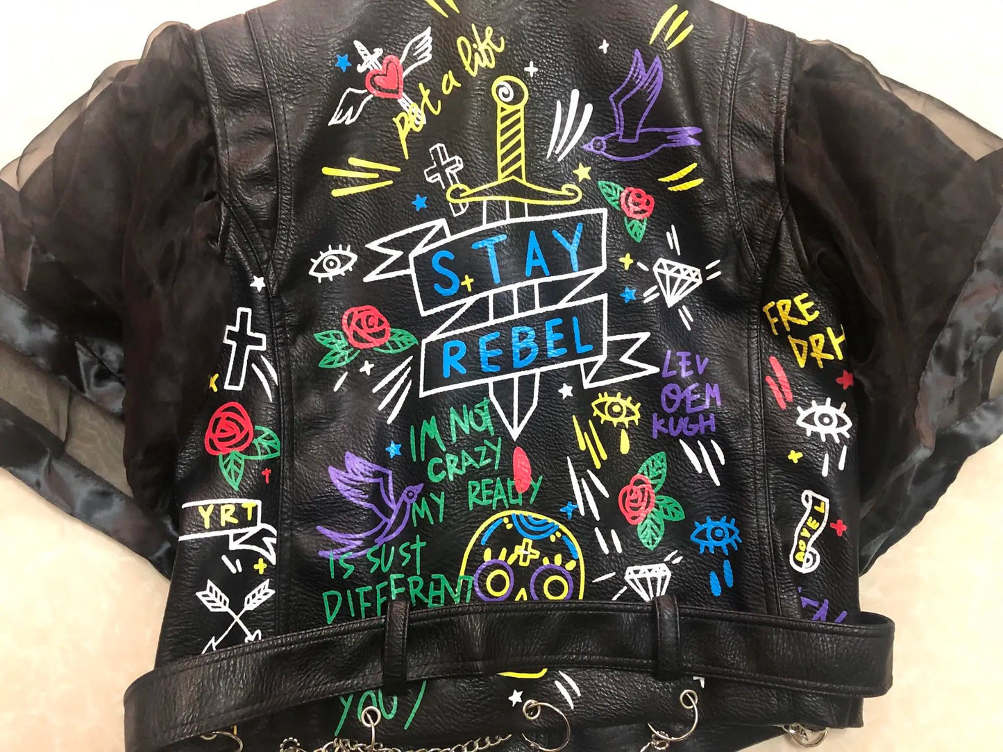 Fashion chain beading leather jacket Locomotive graffiti cartoon pu Leather Jacket female Punk Motorcyle Jacket with belt F2161 SS69
