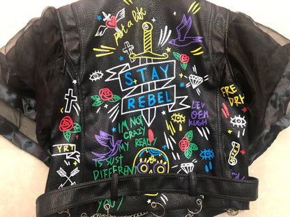 Fashion chain beading leather jacket Locomotive graffiti cartoon pu Leather Jacket female Punk Motorcyle Jacket with belt F2161 SS69