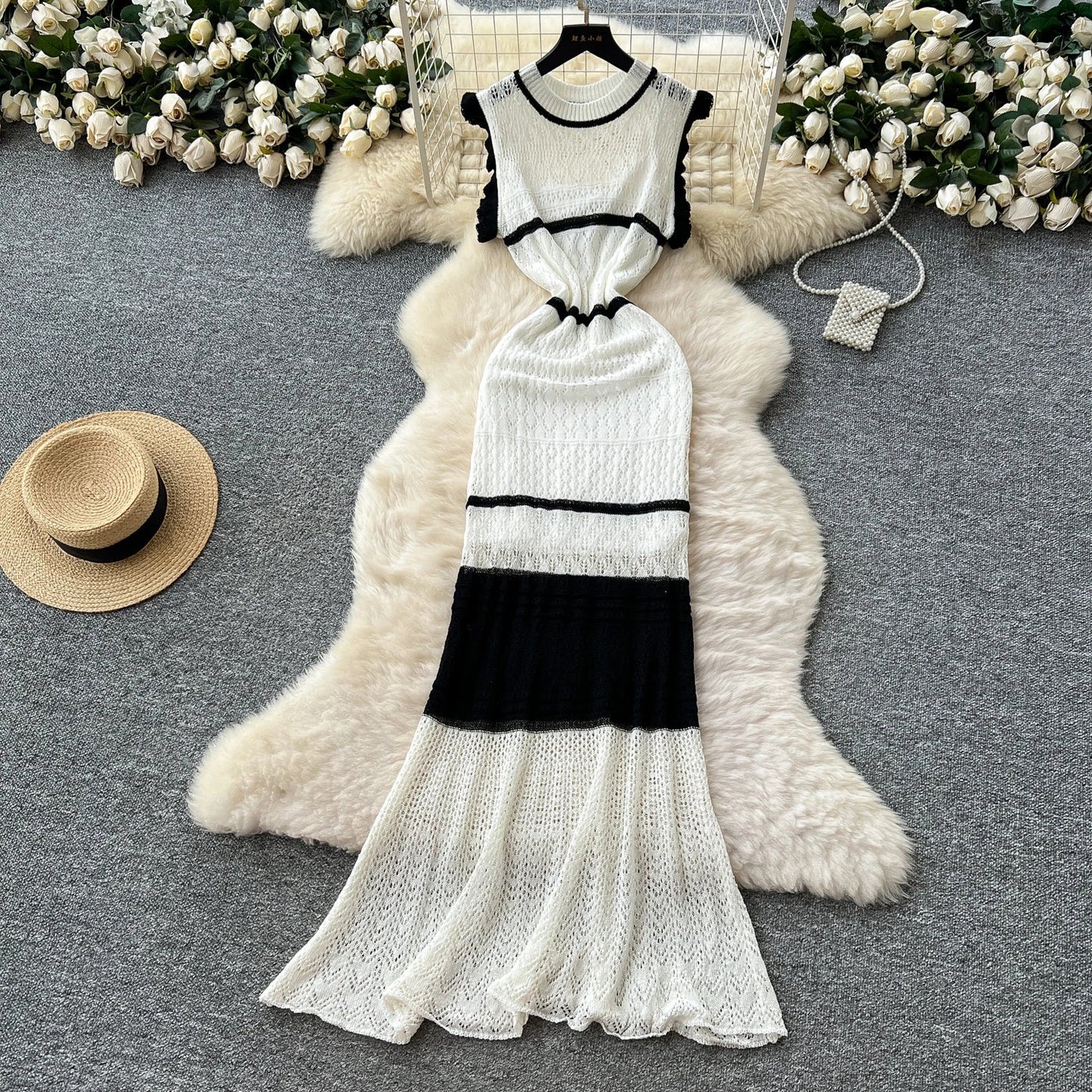 Summer Korean Tunic Knit Midi Dress For Women Empire Contrast Color Hollow Out Lace Dress SS69
