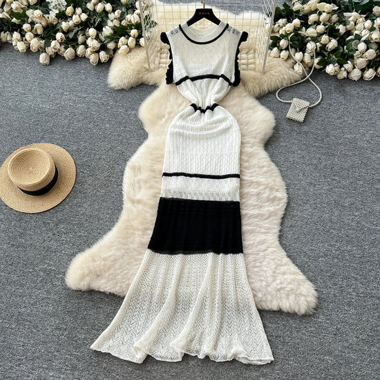 Summer Korean Tunic Knit Midi Dress For Women Empire Contrast Color Hollow Out Lace Dress SS69