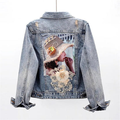 2024 New Autumn Women’s Denim Jacket Long Sleeve Overcoat Loose Three-dimensional Button Pearls Outwear Ripped Jeans Jackets SS69
