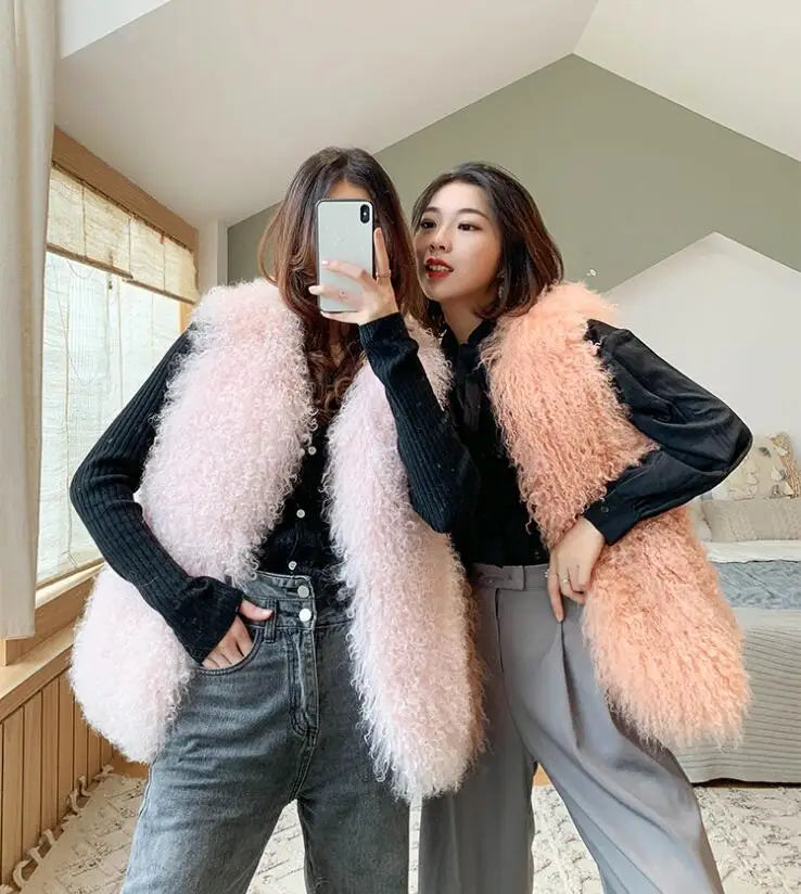 Real Mongolia Sheep Fur Vest - Natural Long Fur Gilet