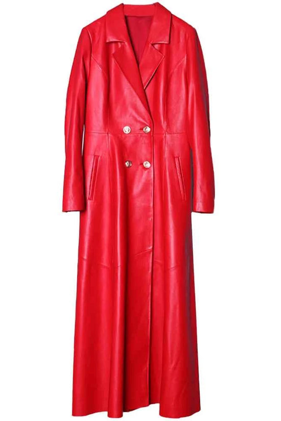 Lautaro Autumn Long Skirted Red Black Faux Leather Trench Coat for Women Double Breasted Elegant Luxury Fashion 4xl 5xl 6xl 7xl