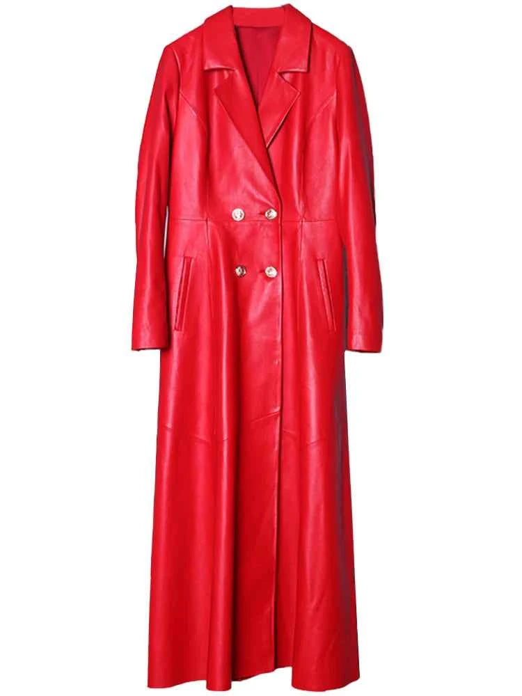 Lautaro Autumn Long Skirted Red Black Faux Leather Trench Coat for Women Double Breasted Elegant Luxury Fashion 4xl 5xl 6xl 7xl