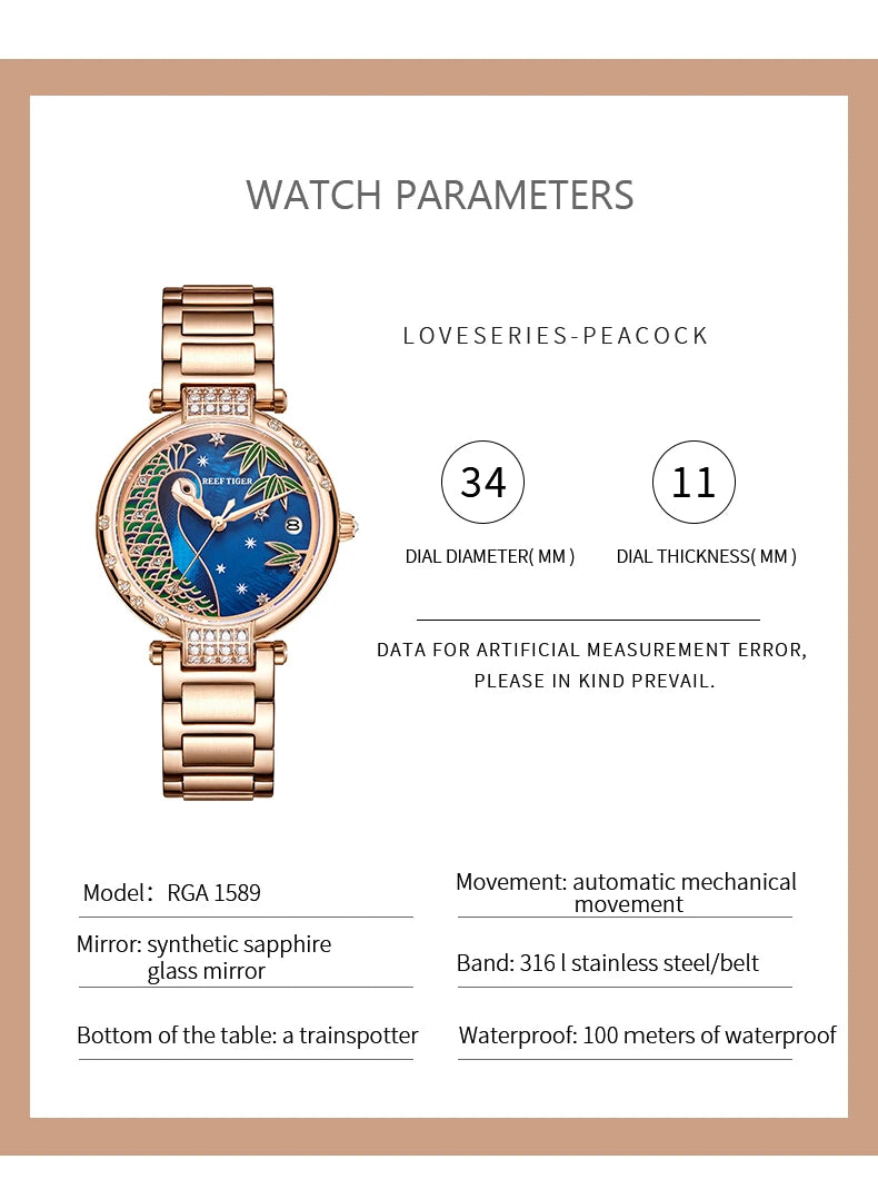 2020 New Reef Tiger/RT Top Brand Elegant Automatic Womens Watch Date Rose Gold Bracelet Watches RGA1587 SS69
