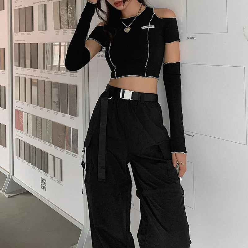 Patchwork Black T-shirts Gothic One Shoulder Sleeve Y2k Crop Tops Ruffles Hem Hip Hop Techwear Women Tees - SS69