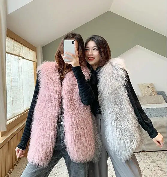 Real Mongolia Sheep Fur Vest - Natural Long Fur Gilet