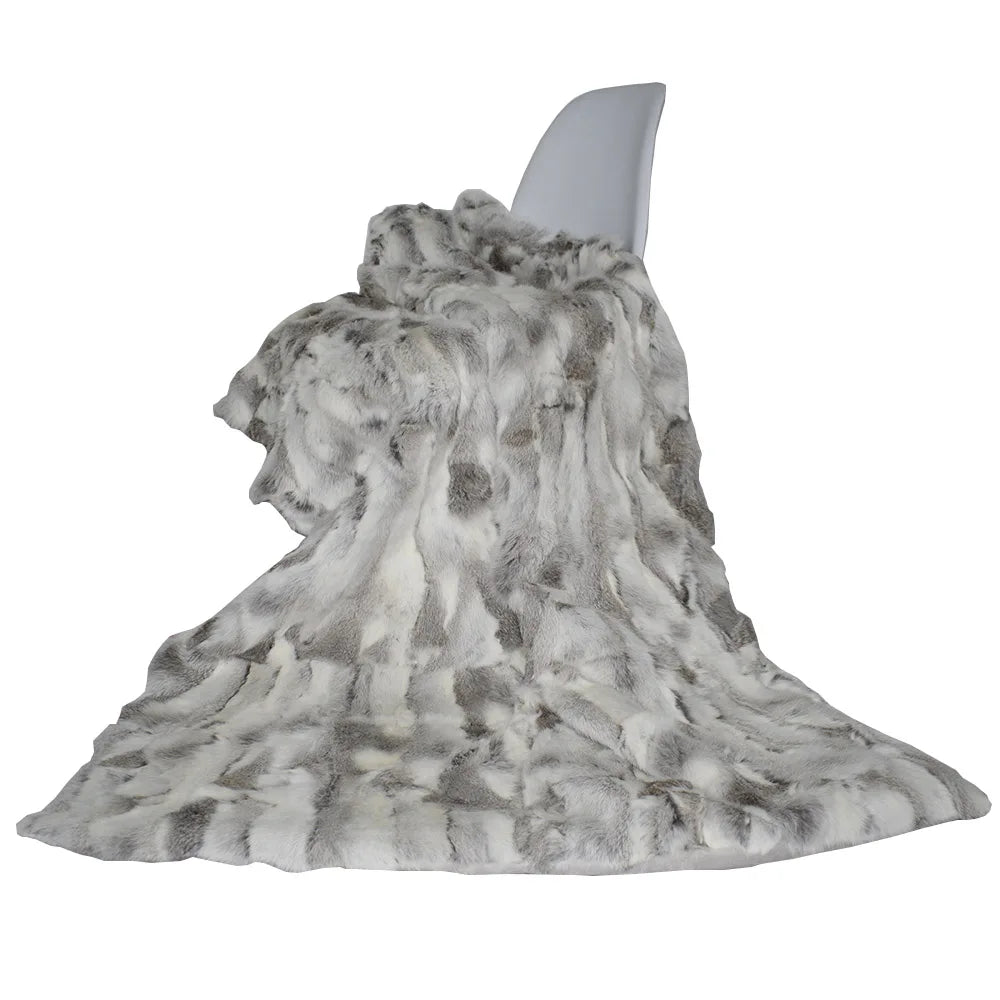 MS.Softex Handmade Rabbit Fur Patchwork Throw Blanket with Suede Back