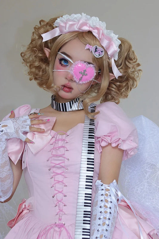 Harajuku Y2k Girls Sweet Pink Cross Lace Eyepatch Japanese Lolita Cosplay Accessory SS69