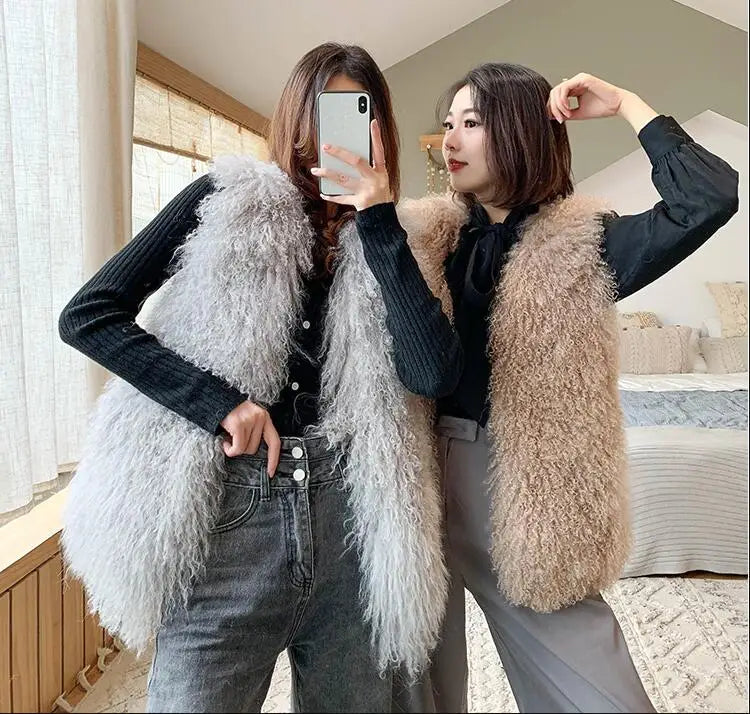 Real Mongolia Sheep Fur Vest - Natural Long Fur Gilet