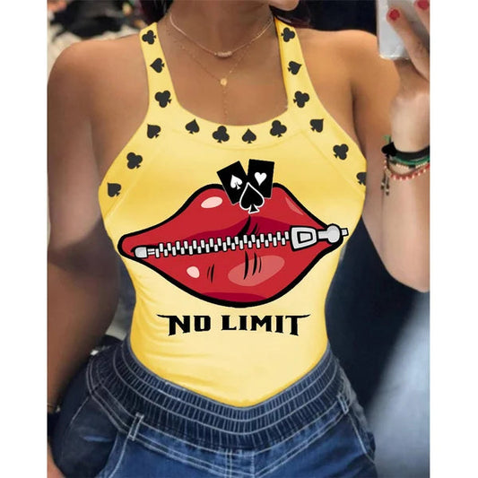 Summer Ladies Harajuku Shirts Slim Fit Polyester Sleeveless Top Tshirts Tank Tops Women U Neck Letter Print Lips Vest SS69