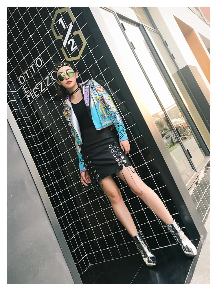 4XL fashion graffiti beading Women pu Leather Jacket Punk Style Motorcyle embrodiery leather Jackets Coats Streetwear F803 SS69
