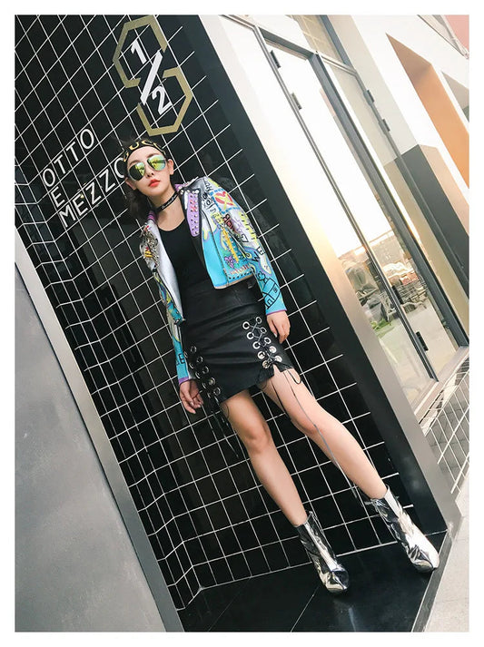 4XL fashion graffiti beading Women pu Leather Jacket Punk Style Motorcyle embrodiery leather Jackets Coats Streetwear F803 SS69