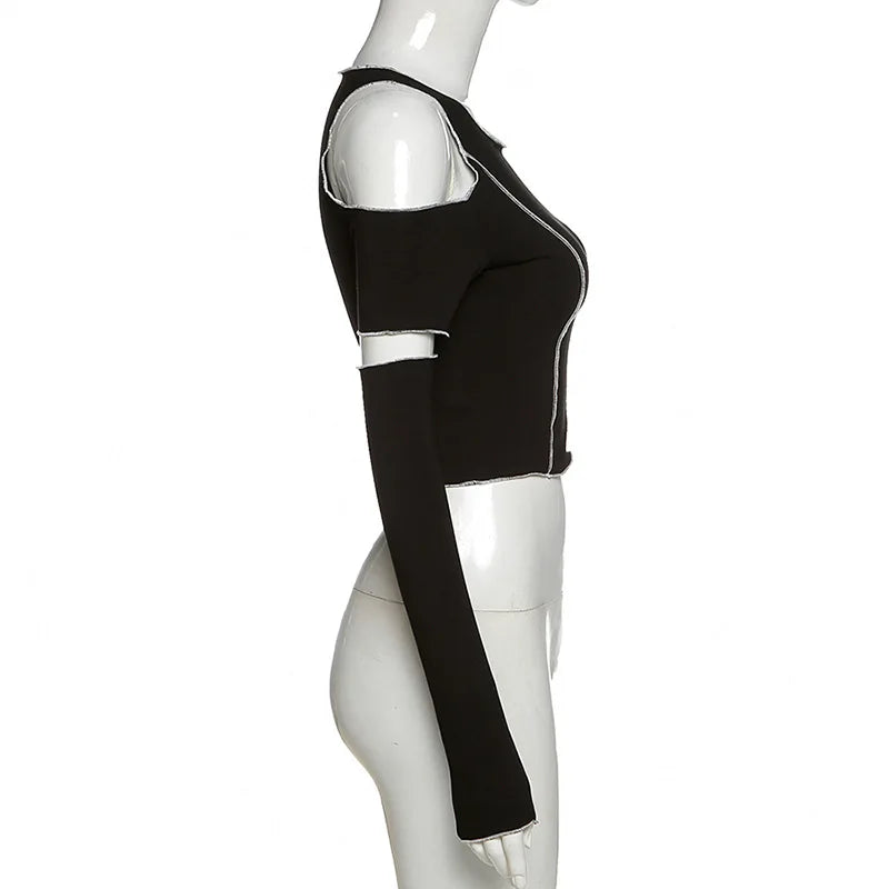 Patchwork Black T-shirts Gothic One Shoulder Sleeve Y2k Crop Tops Ruffles Hem Hip Hop Techwear Women Tees SS69