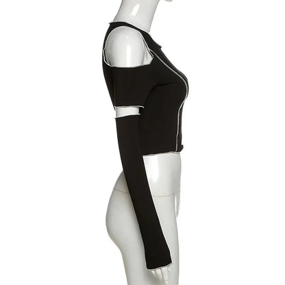 Patchwork Black T-shirts Gothic One Shoulder Sleeve Y2k Crop Tops Ruffles Hem Hip Hop Techwear Women Tees SS69