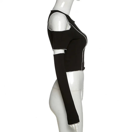 Patchwork Black T-shirts Gothic One Shoulder Sleeve Y2k Crop Tops Ruffles Hem Hip Hop Techwear Women Tees SS69