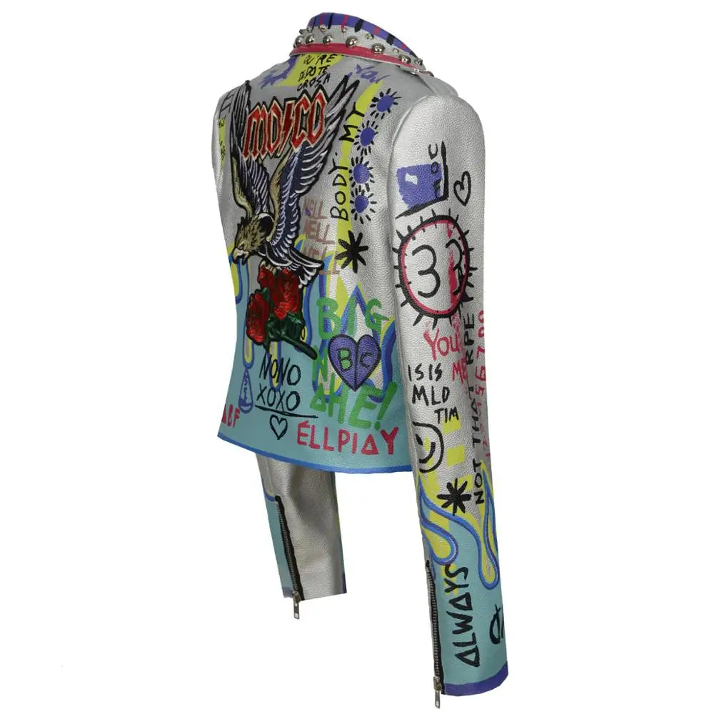 4XL fashion graffiti beading Women pu Leather Jacket Punk Style Motorcyle embrodiery leather Jackets Coats Streetwear F803 SS69