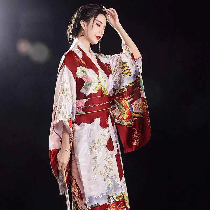 Burgundy Traditional Japanese Yukata Kimono Dress for Women Haori Floral  Cosplay Costumes Asian Long Robes Pajamas Clothing