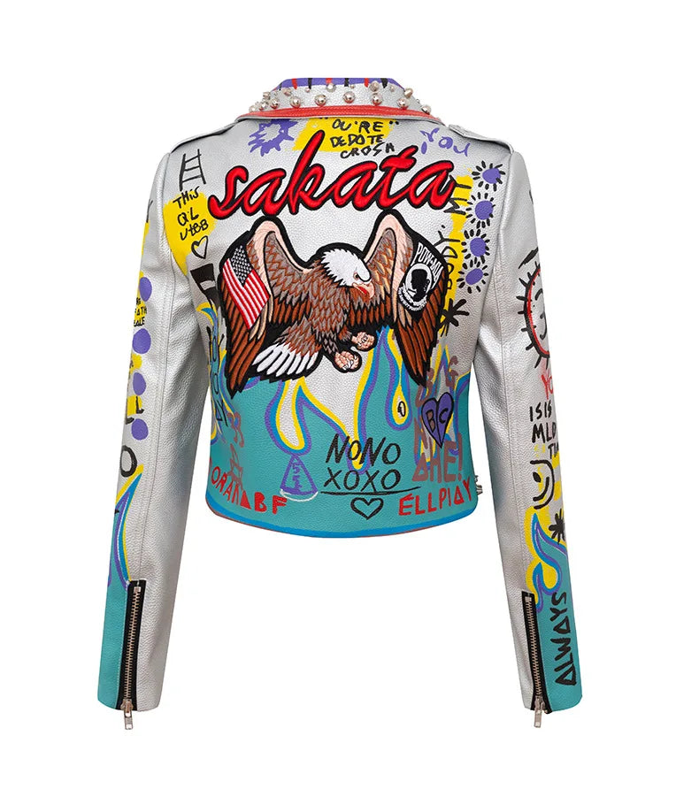 4XL fashion graffiti beading Women pu Leather Jacket Punk Style Motorcyle embrodiery leather Jackets Coats Streetwear F803 SS69