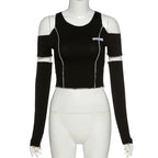 Patchwork Black T-shirts Gothic One Shoulder Sleeve Y2k Crop Tops Ruffles Hem Hip Hop Techwear Women Tees SS69